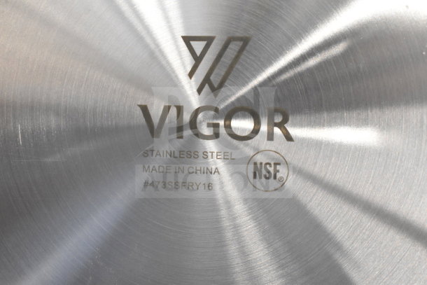 Vigor SS1 Series stainless steel pan base with logo, NSF mark, model #473SSFRY16, made in China.