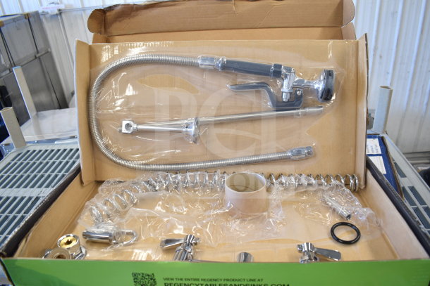 Brand new Regency 600PRD8X pre-rinse faucet, 1.15 GPM, deck-mounted, 8" centers, 44" hose, in original packaging.