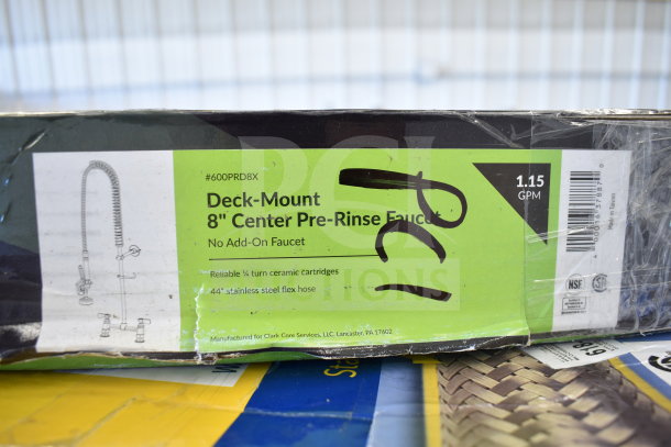 Brand new 600PRD8X Regency 1.15 GPM deck-mounted pre-rinse faucet, 8" centers, 44" hose, with minor scratches.