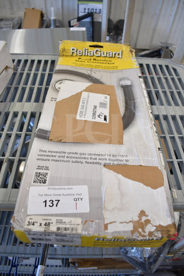 Brand new Dormont RG7548 ReliaGuard 48" gas connector kit with snap quick-disconnect, 2 elbows, restraining cable, 3/4" diameter. Box slightly damaged.