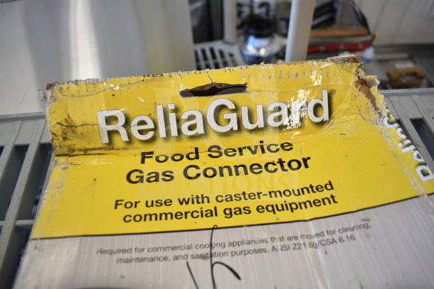 Brand new Dormont RG7548 ReliaGuard 48" gas connector kit with some packaging damage; includes quick-disconnect, 2 elbows, restraining cable.