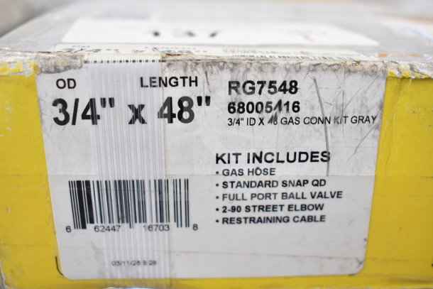 Brand new Dormont RG7548 ReliaGuard 48" gas connector kit with quick-disconnect, two elbows, and restraining cable, 3/4" diameter.