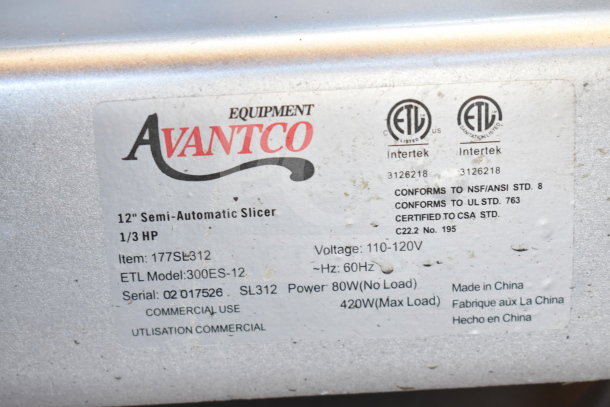 BRAND NEW Avantco 177SL312 12" Commercial Meat Slicer, 110-120V, with sharpening blade, scratch and dent condition.