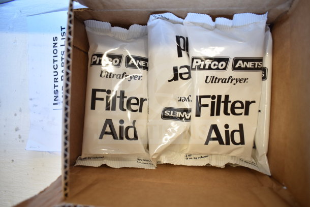 Box of Pitco Ultrasyer Filter Aid packets for use with a 2026 Pitco Frialator P18 fryer oil filter machine.
