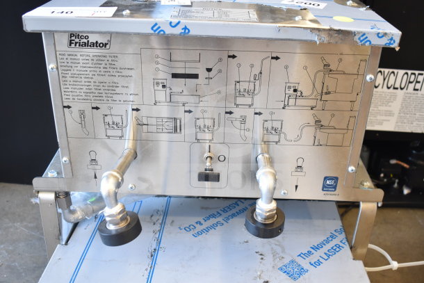 Brand new Pitco Frialator P18 fryer oil filter machine, 75 lb capacity, 120 volts, 1 phase, visible instructions and NSF label.