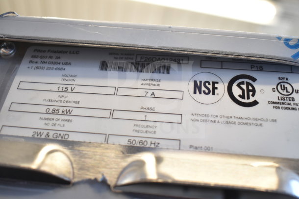 Label of Pitco Frialator P18 fryer oil filter machine, showing 115V, 7A, 1 phase, with NSF and CSA markings.