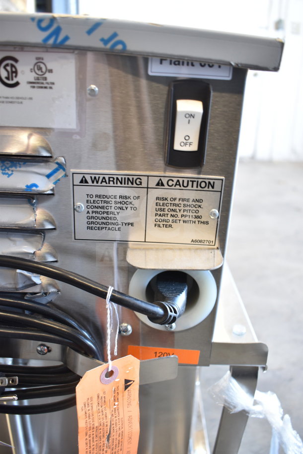 BRAND NEW 2026 Pitco Frialator P18 fryer oil filter machine; labeled warnings, 120V plug, slight scratches visible.
