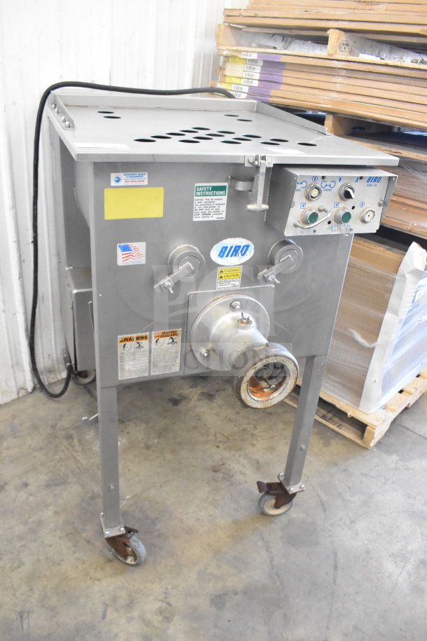 Biro EMG-32 commercial floor-style meat grinder mixer on casters, 208V, 3-phase. Control panel and labels visible.