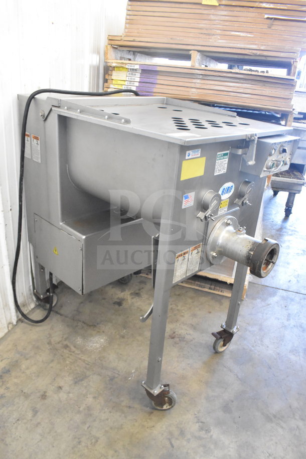 Biro EMG-32 commercial meat grinder mixer on casters, 208V, 3 phase, stainless steel, visible control panel, safety labels.