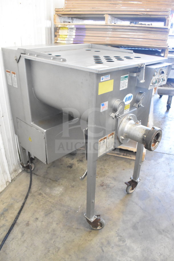 Biro EMG-32 commercial meat grinder mixer on casters, 208V, 3 Phase. Stainless steel finish, safety labels visible.