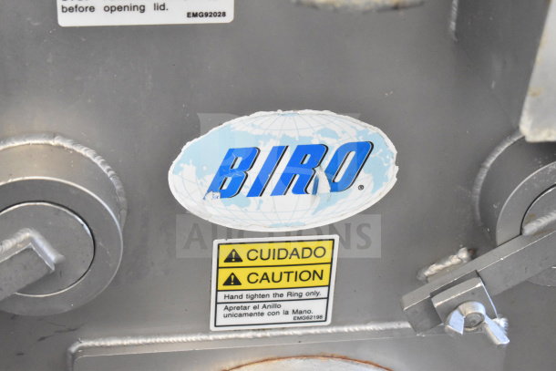 Biro EMG-32 commercial meat grinder mixer on casters, 208V, 3-phase, with caution and brand labels visible.