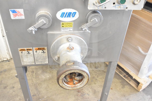 Biro EMG-32 commercial meat grinder mixer on casters, 208V, 3-phase. Features warning labels, Made in USA sticker.