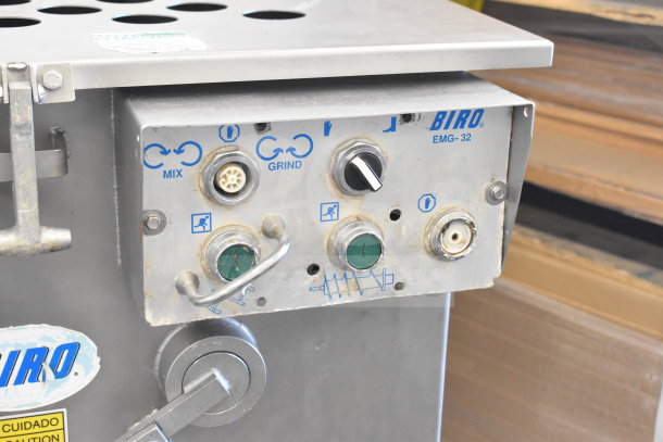 Biro EMG-32 commercial meat grinder mixer on casters, 208V, 3-phase, controls for mix and grind functions, sturdy build.