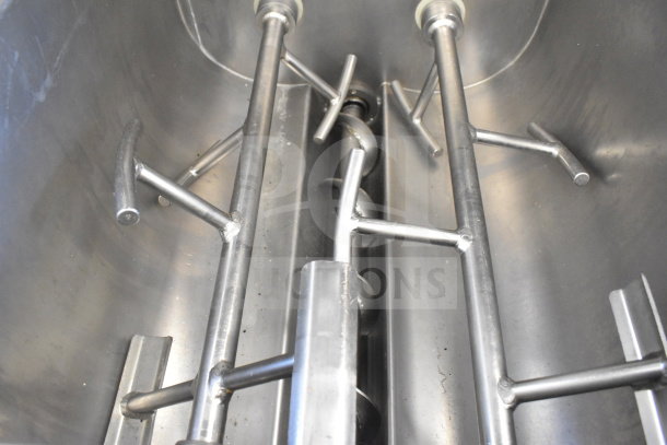 Biro EMG-32 commercial meat grinder mixer interior, stainless steel augers visible. 208 volts, 3 phase. Condition appears used.