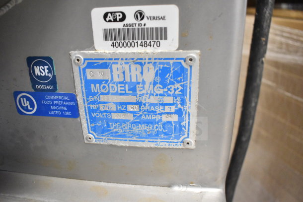 Biro EMG-32 meat grinder mixer label, showing model, 208V, 3-phase, NSF, and UL certification. Commercial use.