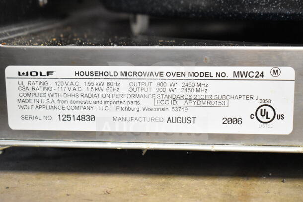 Wolf MWC24 Countertop Microwave Oven, 120V, 1 Phase, 900W output, manufactured August 2006, serial 12514830.