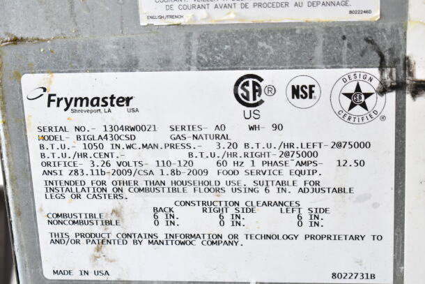 Frymaster BIGLA430CSD commercial fryer label on durable metal surface, detailing certifications, model, and specifications.