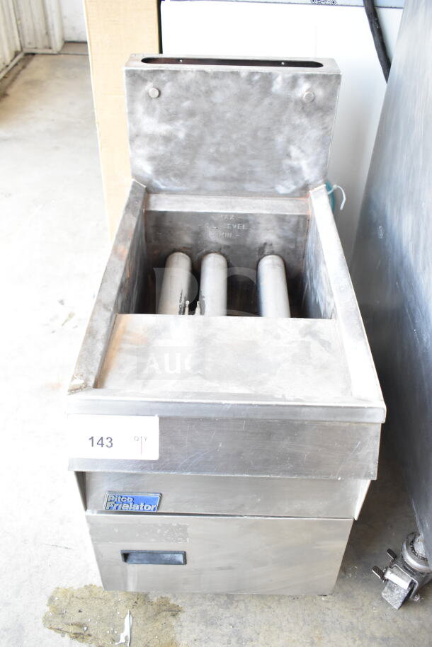 Pitco Frialator commercial countertop gas deep fat fryer, stainless steel, gently used, with visible brand logo and item tag.