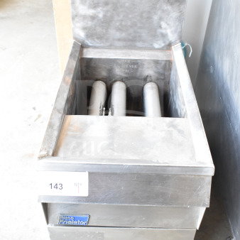 Pitco Frialator commercial countertop gas deep fat fryer, stainless steel, gently used, with visible brand logo and item tag.