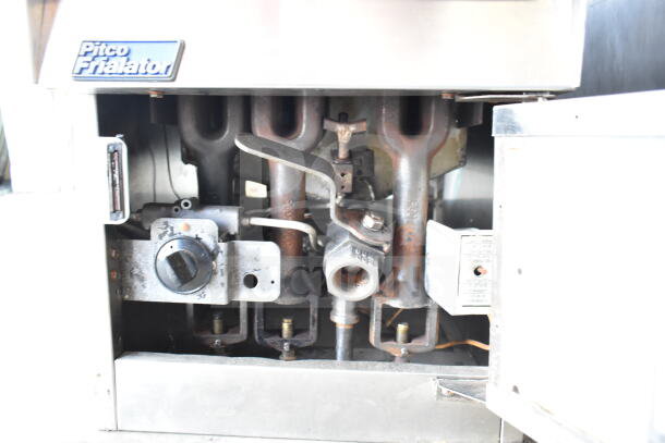 Pitco Frialator commercial countertop gas-powered deep fat fryer, interior view, showcasing key components and controls.