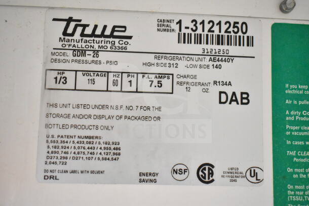 True GDM-26 commercial single-door cooler label, model GDM-26, 115 volts, 1 phase, refrigerant R134A, CSA and NSF certified.