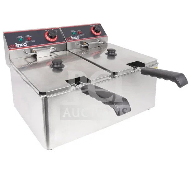 Brand new Winco EFT-32 countertop electric fryer, dual 16 lb vats, stainless steel, minor scratches, dent.