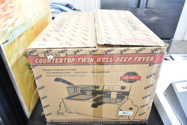 BRAND NEW SCRATCH AND DENT! Winco EFT-32 Countertop Electric Fryer with two 16 lb vats, in original packaging.