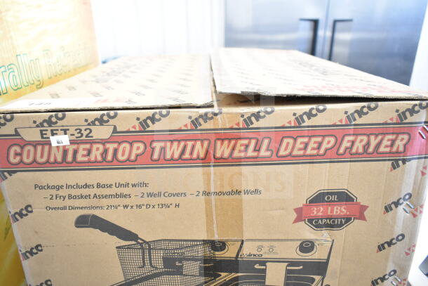 BRAND NEW SCRATCH AND DENT! Winco EFT-32 Countertop Electric Fryer in original box, includes two 16 lb vats, 32 lbs oil capacity.