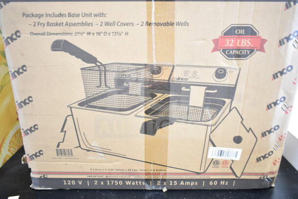 BRAND NEW Winco EFT-32 Countertop Electric Fryer, 2x16 lb Vats. Includes baskets, well covers. 32 lbs oil capacity.
