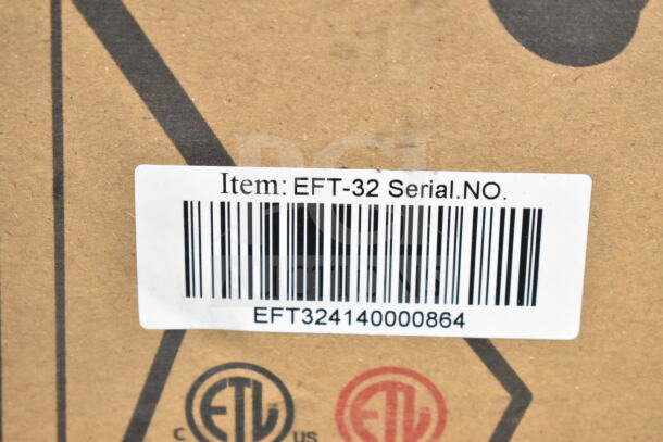 Barcode label of Winco EFT-32 countertop electric fryer with serial number and ETL certification marks.
