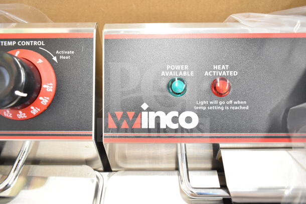 BRAND NEW Winco EFT-32 countertop electric fryer, dual 16 lb vats, with power and heat indicator lights.