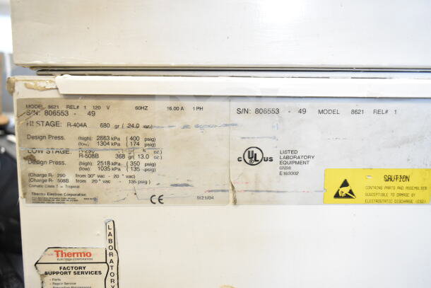 Thermo 8621 Chest Freezer with Enviro-Scan Unit. Serial No: 806553-49. Listed laboratory equipment, 16A, 120V, 60Hz.