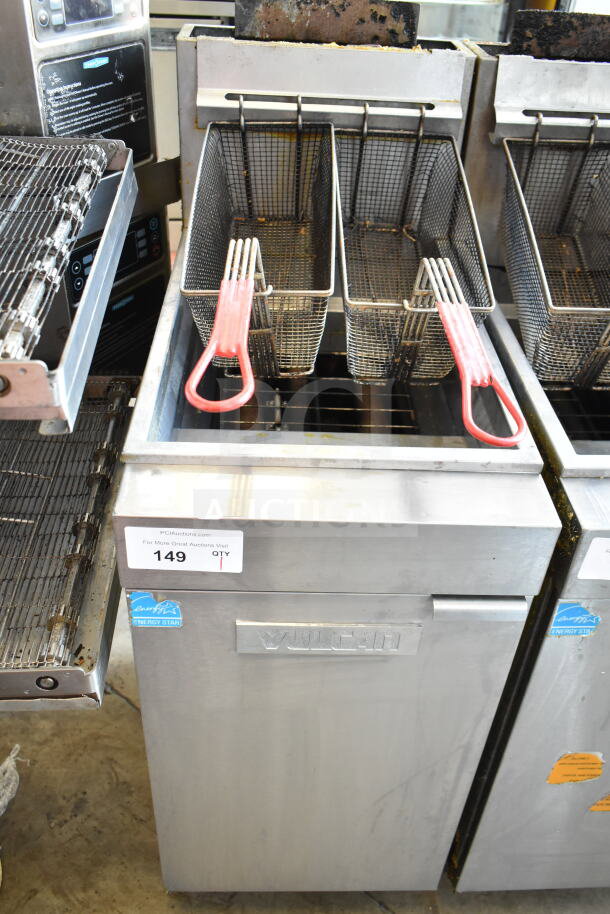 Vulcan 1VEG35M-1 commercial fryer, natural gas, 69,000 BTU, two fry baskets, stainless steel, Energy Star label, model visible.