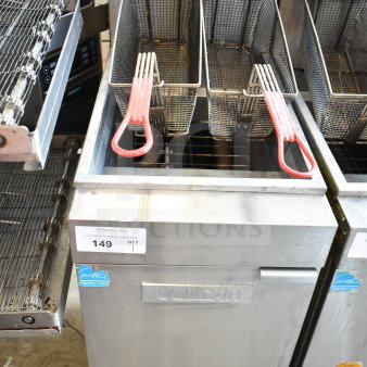 Vulcan 1VEG35M-1 commercial fryer, natural gas, 69,000 BTU, two fry baskets, stainless steel, Energy Star label, model visible.