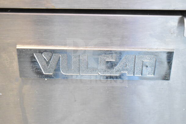 Vulcan commercial floor-style gas fryer with two baskets, stainless steel, featuring Vulcan logo.