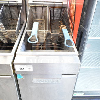 Vulcan commercial gas fryer with 2 baskets, stainless steel, visible wear, model details on front panel, auction ID tag 151.