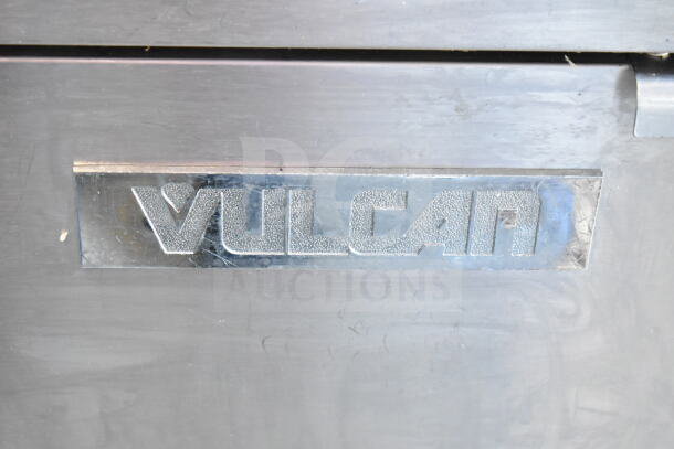 Vulcan commercial gas deep fat fryer, floor style, with 2 fry baskets. Features Vulcan branding plate.