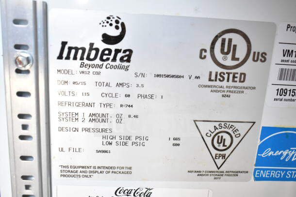 Imbera VR12 cooler label showing model, 115 volts, 1 phase, UL listed; refrigerant R-744, amps 3.5, DOM 05/15.