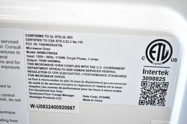 Nostalgia NRMO7BK6A countertop microwave label, 120V, 1-phase, 700W, FCC ID YI4DW20UX79L, Intertek certified.