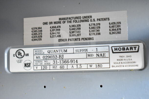 Hobart Quantum-1 Commercial Scale, model info shown. No power cord, 120V, 1-phase, tested and working.