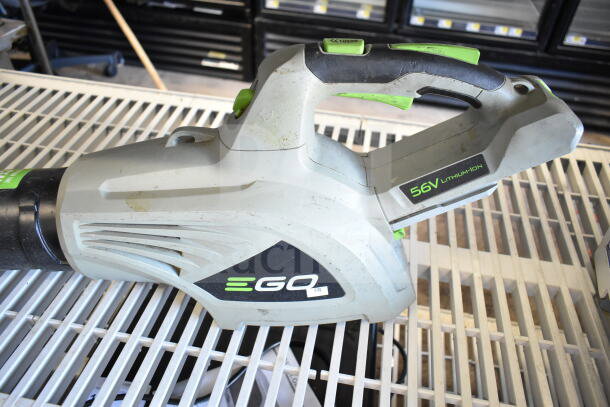 EGo Power+ battery-powered blower, 56V lithium-ion, used condition, visible brand logo, and power label on gray body.