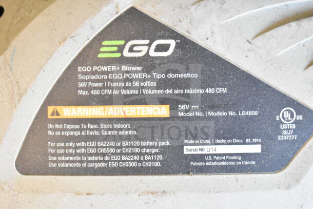 EGo Power+ Blower label showing 56V power, model LB4800, 480 CFM air volume, serial No. U14. Warning: store indoors.