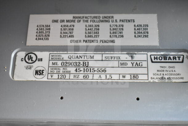 Hobart Quantum-1 commercial scale label, 120V, model details, NSF and UL listed, lacks power cord, tested working.