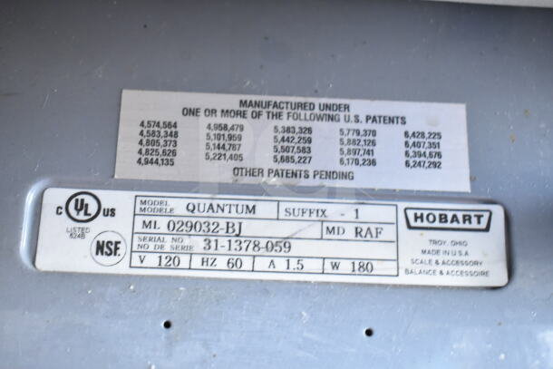 Hobart Quantum-1 commercial scale label, US patents listed, Model: 029032-BJ, 120V, NSF certified, tested, working condition.