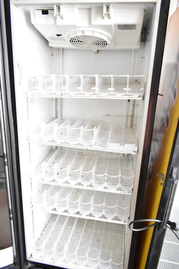 Imbera G319-CO2 single door cooler, 115V, 1 phase. Features adjustable shelving, visible fan. Used condition.