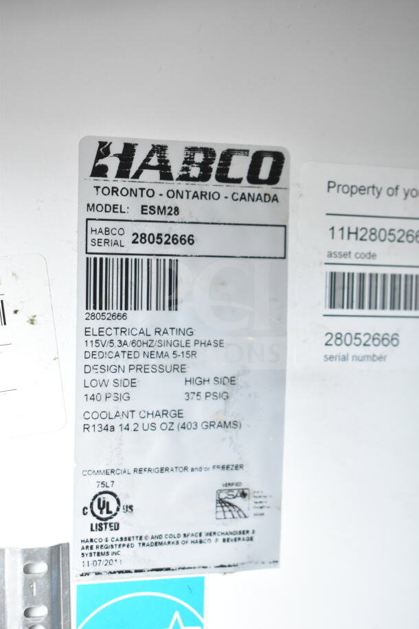 Habco ESM28 Commercial Cooler Merchandiser label, showing model, electrical rating, and serial number.
