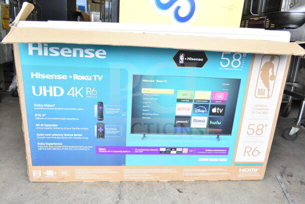 Hisense 58R6E5 UHD 4K 58" TV in original box. Features Dolby Vision, DTS:X, 4K AI Upscaler, Roku TV integration. New condition.