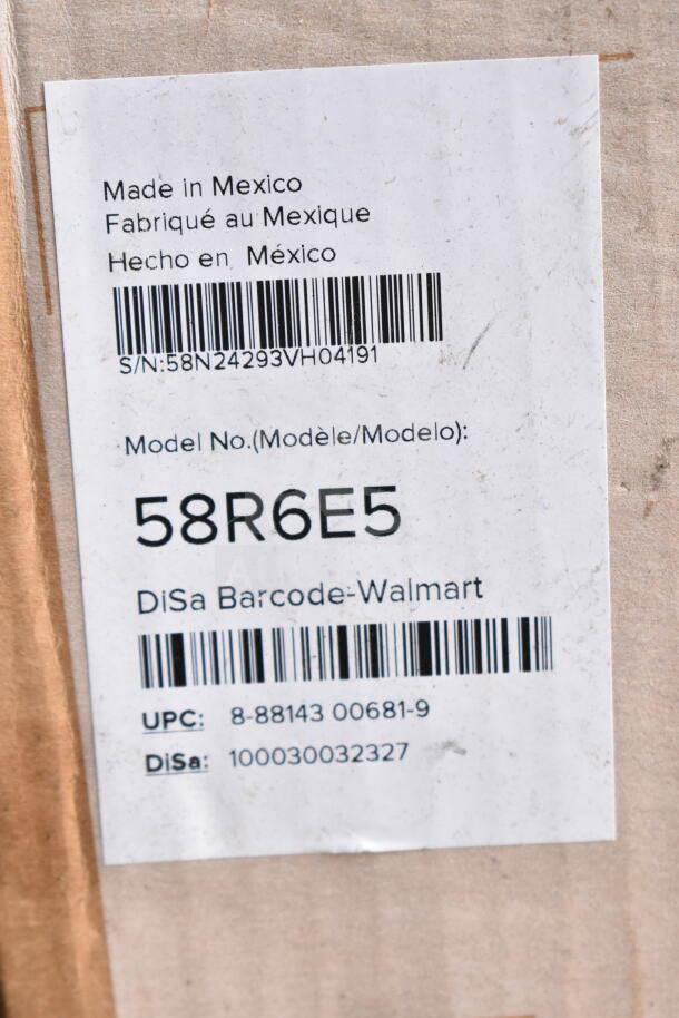 Hisense 58R6E5 UHD 4K 58" TV in original box. Labels show model and made in Mexico. UPC: 888143006819.