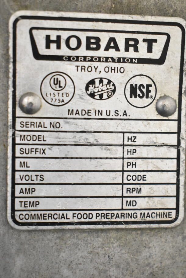Hobart 84196 commercial chopper, UL and NSF marked, 115V, 1 phase, serial on label; durable food prep equipment.