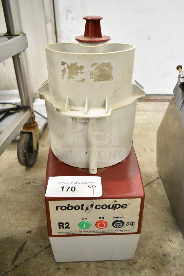 Robot Coupe R2N commercial countertop food processor, 120 Volts, 1 Phase. Visible wear on casing, auction tag 170.
